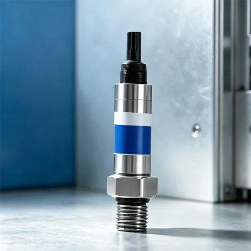 Compact pressure transmitter with aluminum housing and metallic finish.