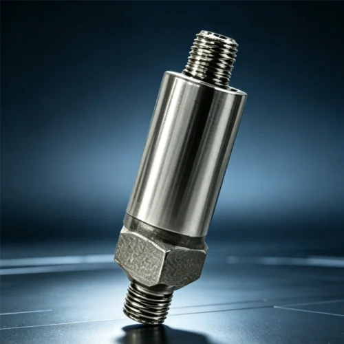 Compact pressure transmitter with electrical connector on aluminum housing.