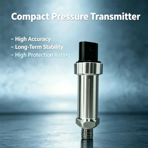 Compact pressure transmitter with aluminum housing and compact cylindrical body.