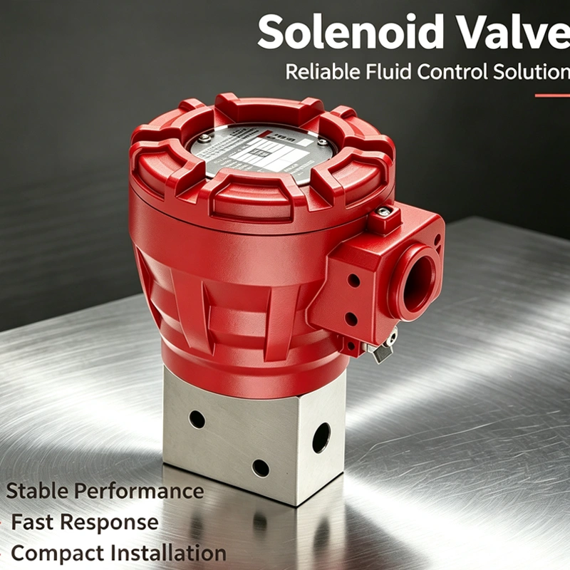 Explosion proof solenoid valve with aluminum alloy housing and rectangular body.
