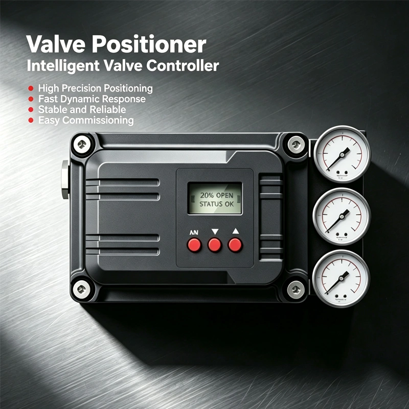 Explosion proof valve positioner with aluminum housing and LCD display on front panel.