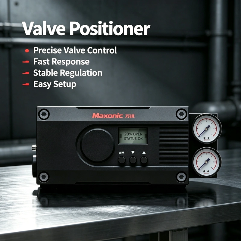 Explosion proof valve positioner with aluminum housing and LCD display on front panel.
