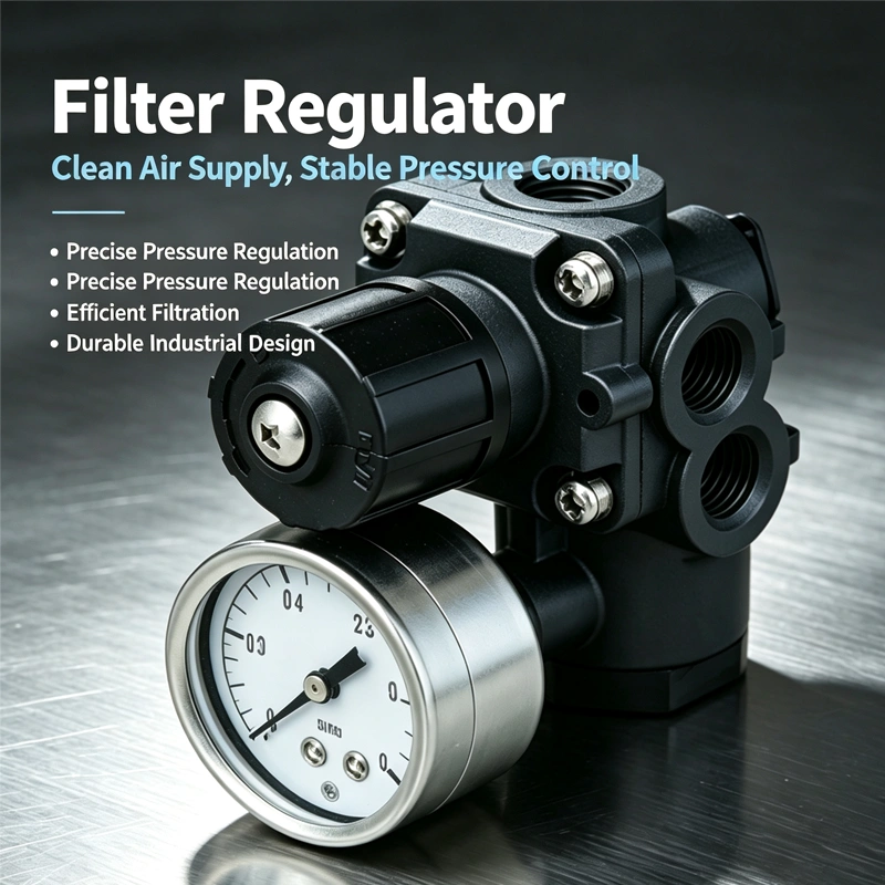 Pneumatic filter regulator with aluminum housing and pressure gauge on top