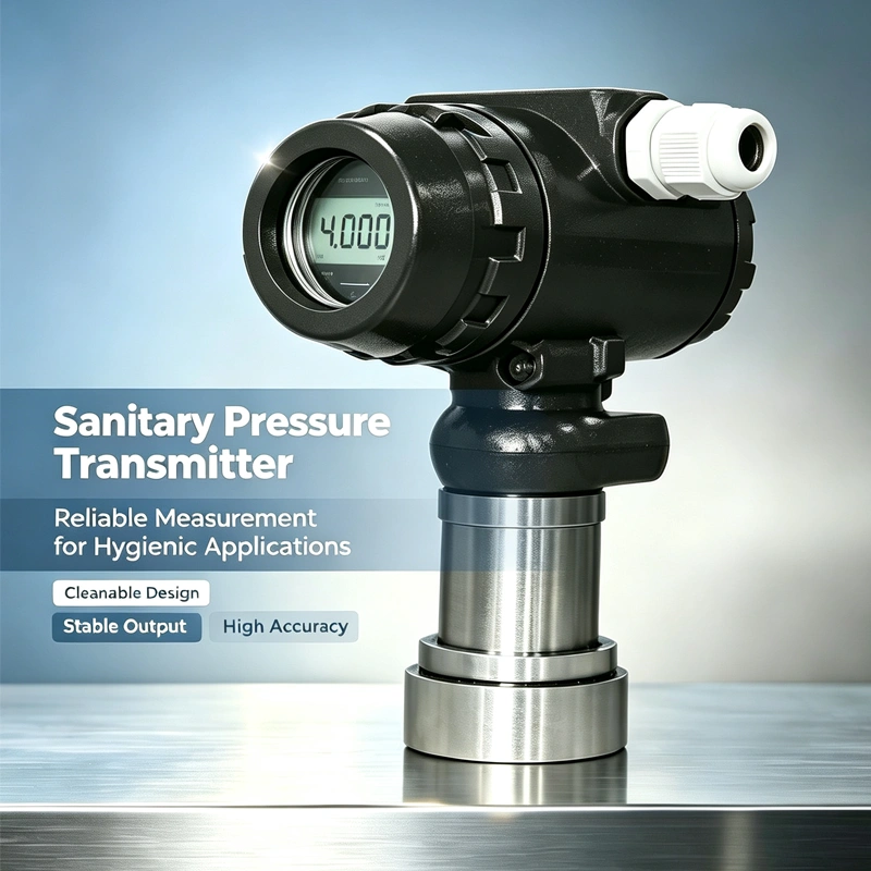 Flush diaphragm pressure transmitter with LCD display on stainless steel housing.