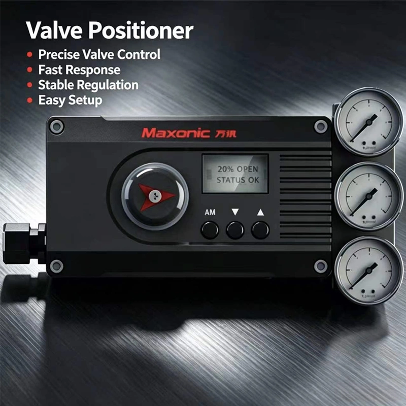 Intrinsically safe valve positioner with aluminum housing and LCD display on front panel.