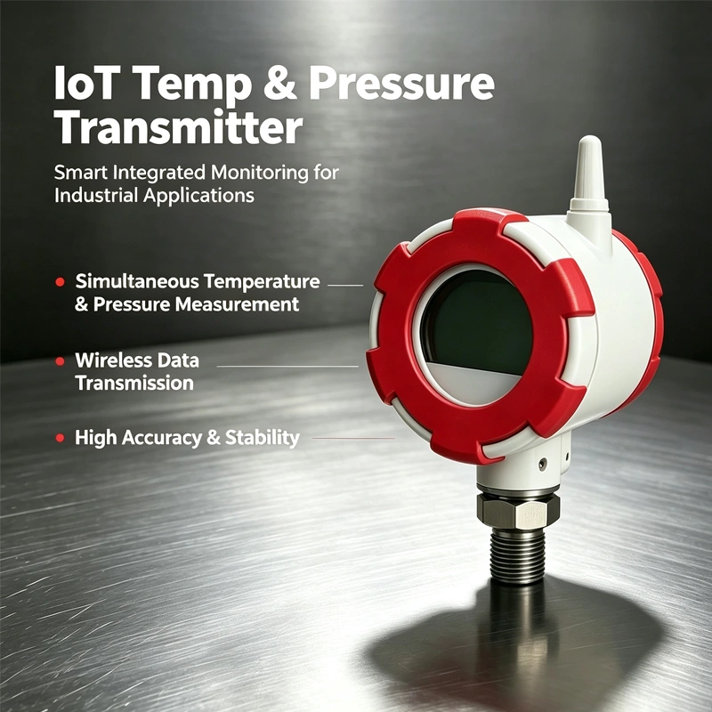 IoT temperature pressure transmitter with aluminum housing and LCD display on front panel.