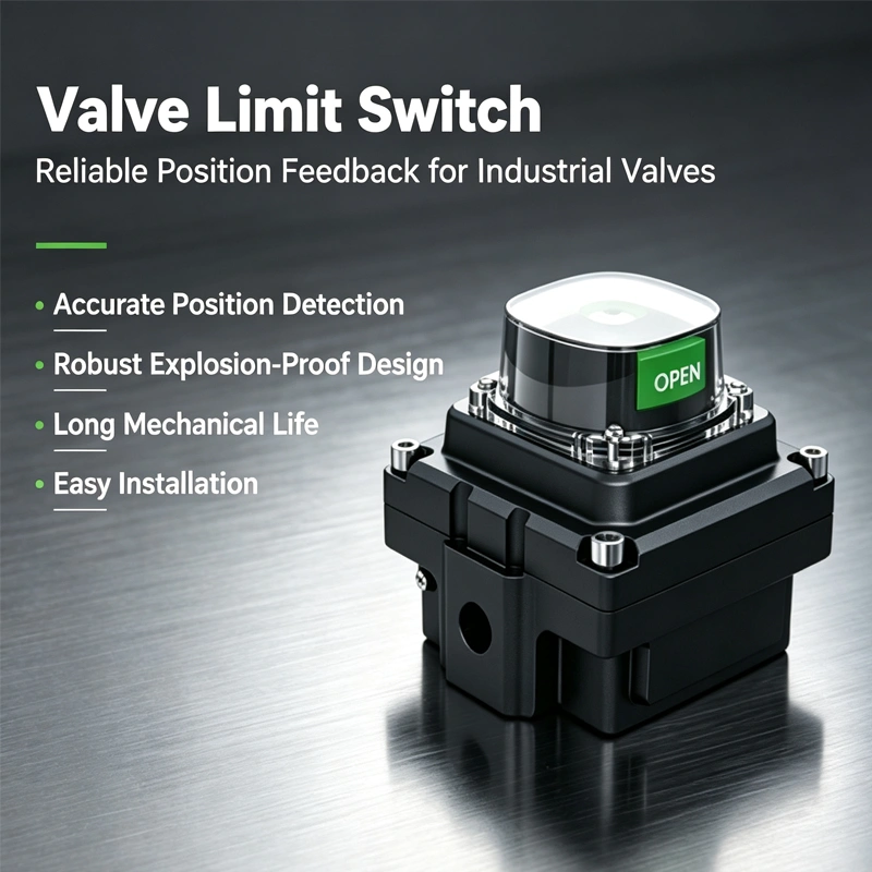 Limit switch with aluminum housing and square body for industrial applications.