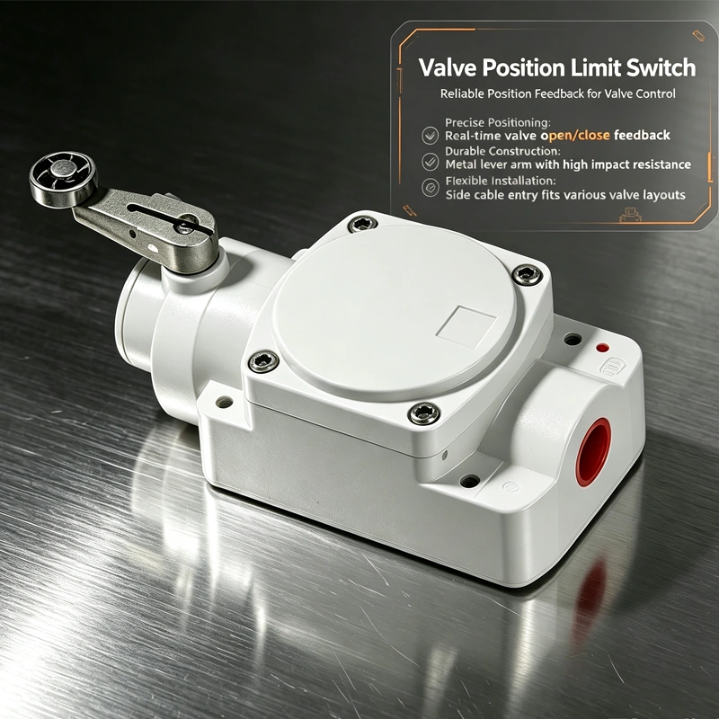 Limit switch with aluminum housing and roller lever for industrial applications.