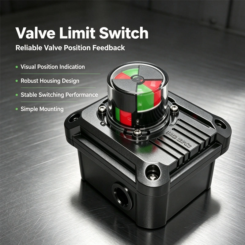 Limit switch with aluminum housing and rectangular body for industrial applications.