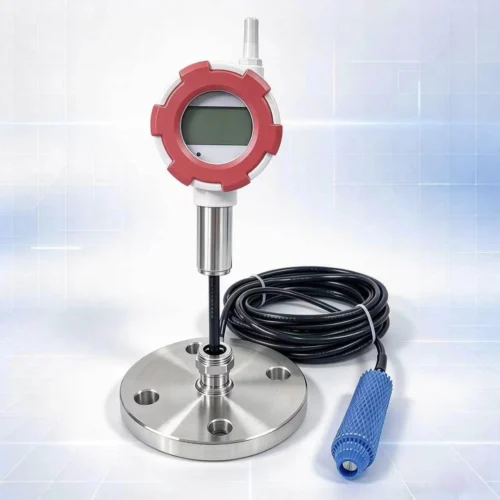 IoT level transmitter with red circular housing, LCD display, white antenna, stainless steel flange base, and submersible blue probe with black cable.