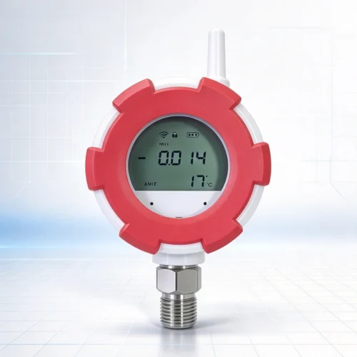 NB-IoT temperature pressure transmitter with red circular housing, white antenna, and LCD display showing 0.014 MPa and 17°C.