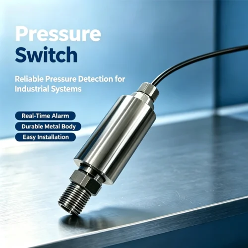 Pressure switch with aluminum housing and compact cylindrical body.