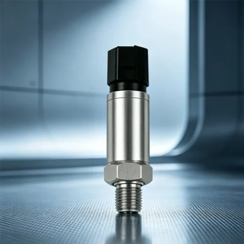 Pressure transmitter with aluminum housing and metallic finish.