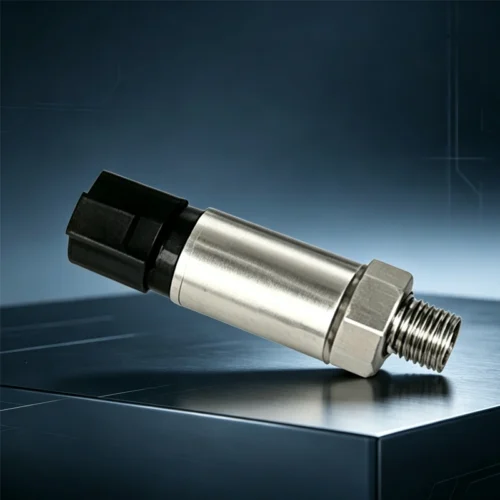 Pressure transmitter with electrical connector on aluminum housing.