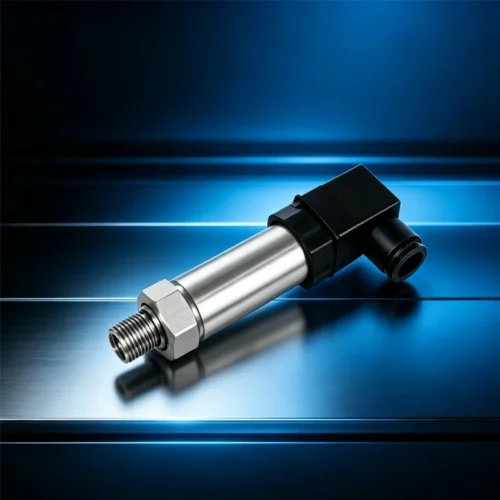 Pressure transmitter with stainless steel housing and metallic finish.