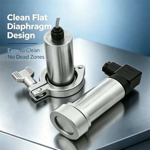 Sanitary flush diaphragm pressure transmitter with stainless steel housing and flush diaphragm.