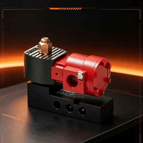 Solenoid valve with 316 stainless steel housing and metallic finish.