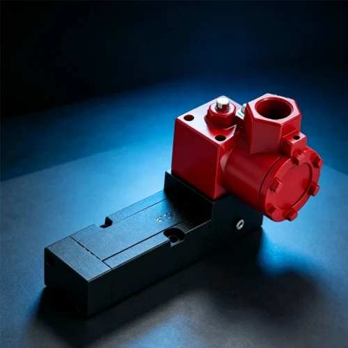 Solenoid valve with aluminum housing and electrical connector on top.