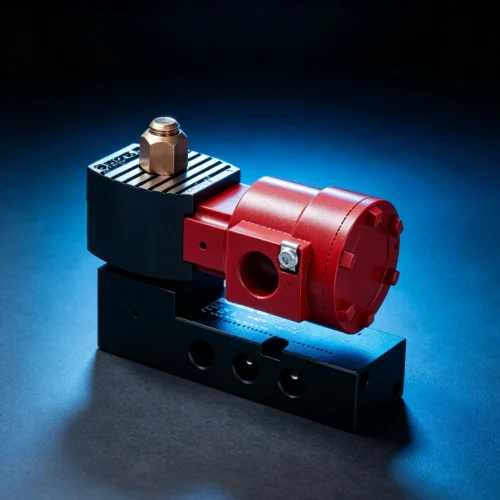 Solenoid valve with aluminum housing and electrical connector on top.