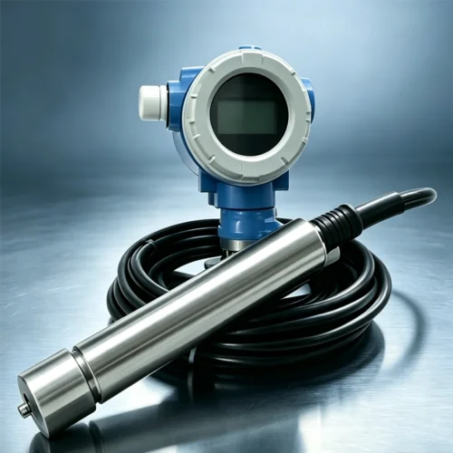 Submersible level transmitter with LCD display for on-site reading on the front panel.