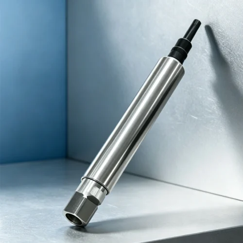 Submersible level transmitter with connection box on top of stainless steel housing.