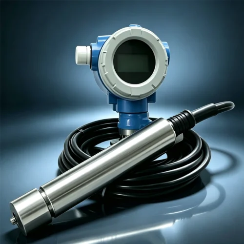 Submersible level transmitter with LCD display for on-site reading on the front panel.