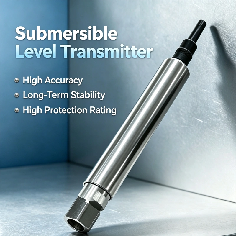 Submersible level transmitter with stainless steel housing and cable for underwater measurement.