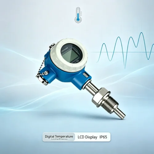 Temperature transmitter with LCD display and adjustment buttons on the front panel.