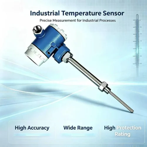 Temperature transmitter with aluminum housing and LCD display on the front panel.