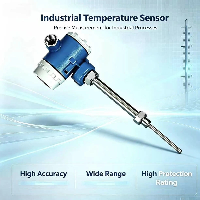 Temperature transmitter with aluminum housing and LCD display on the front panel.