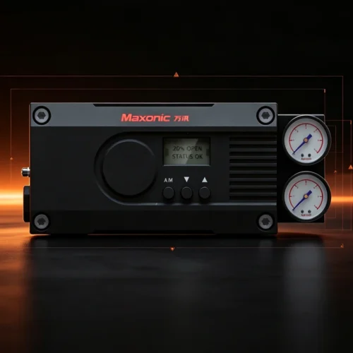 Valve positioner with LCD display and 3-button keypad on front panel.