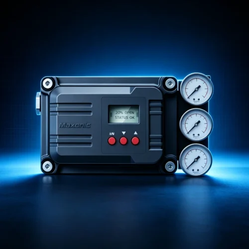 Valve positioner with 2.7-inch LCD display and 3-button keypad on front panel.