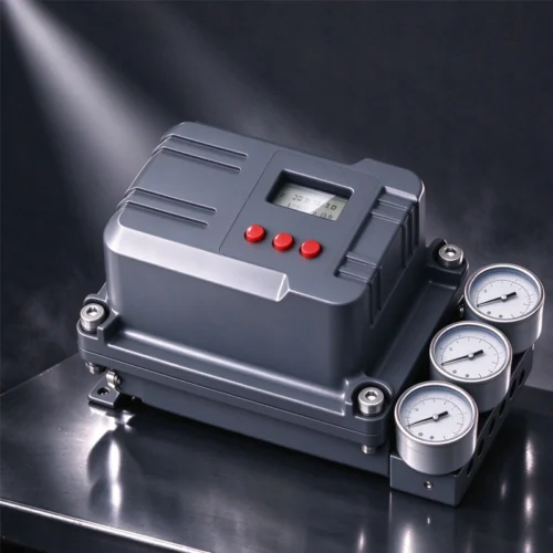 Side view of intelligent valve positioner with aluminum housing, LCD display and pressure gauges