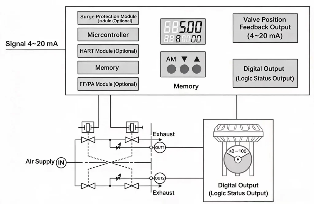 MVP smart valve positioner principle block diagram with microcontroller, optional HART module and position sensor